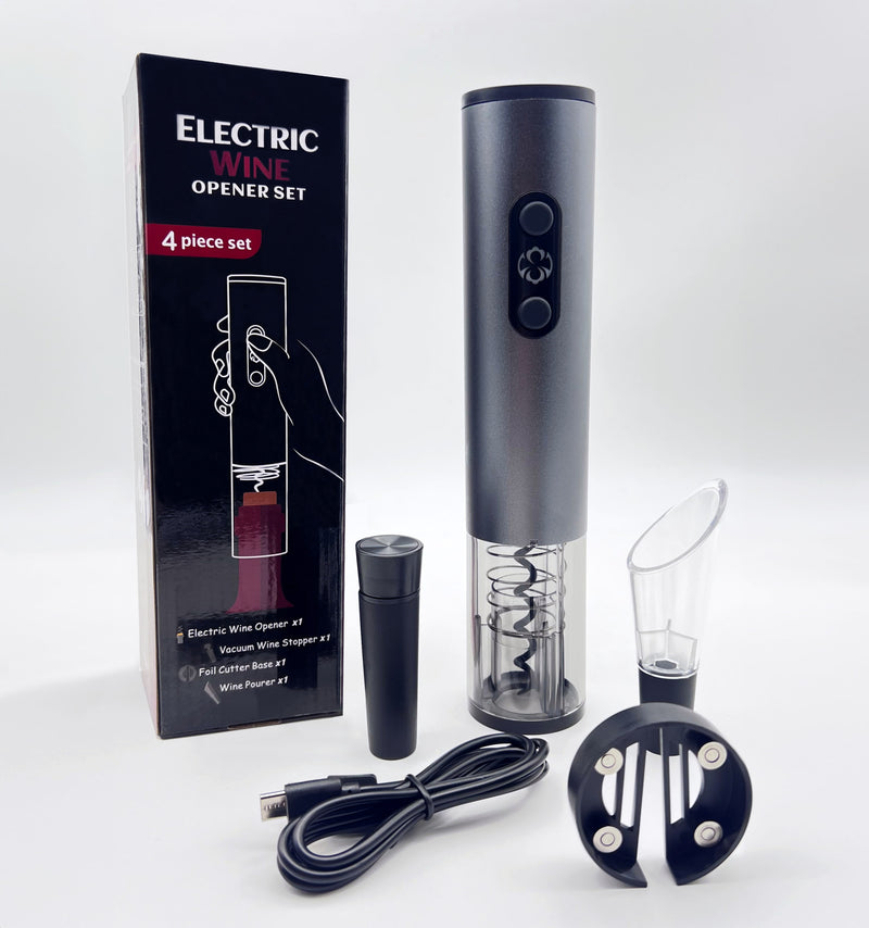 Electric Wine Bottle Opener Set with Foil Cutter and Vacuum Pump, 4 in 1, Black